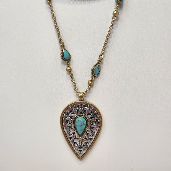 Lucky Brand Two Tone Layered Chain Necklace Faux Turquoise Teardrop Pendant - Picture 2 of 7